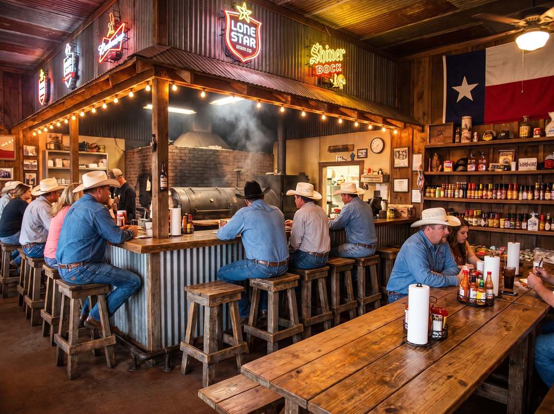 Inside the restaurant: patrons in cowboy hats seated at the smoker-side bar under neon beer signs and a Texas flag, a wall of sauce bottles nearby