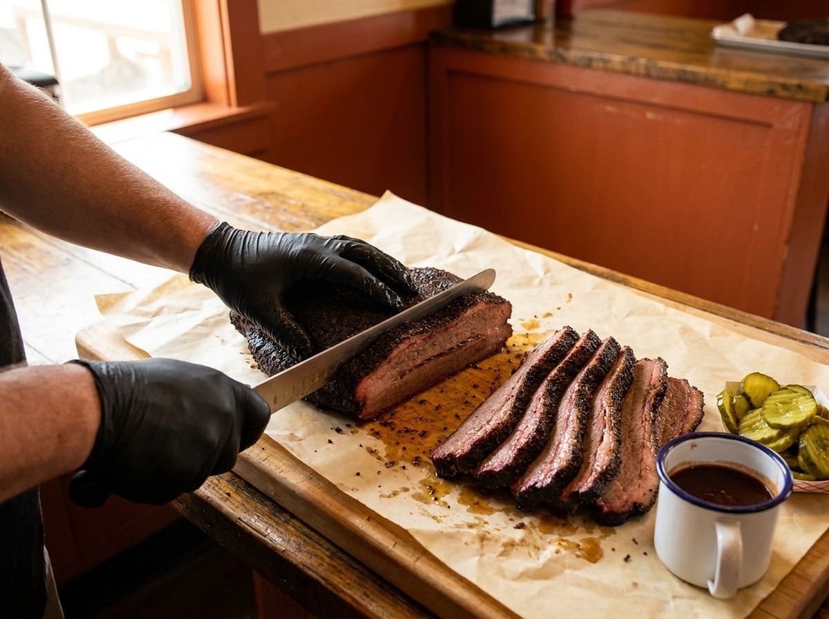 Hands slicing a whole smoked brisket on a worn wooden block, bark glistening, butcher paper underneath