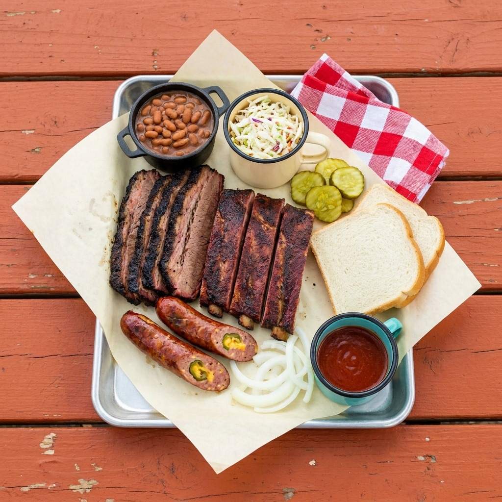 Overhead of a metal tray lined with butcher paper holding sliced brisket, pork ribs, jalapeno cheddar sausage, beans, slaw, pickles and white bread