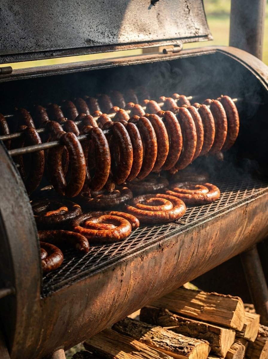 Rows of smoked sausage links hanging on racks inside a steel smoker with thin smoke drifting through