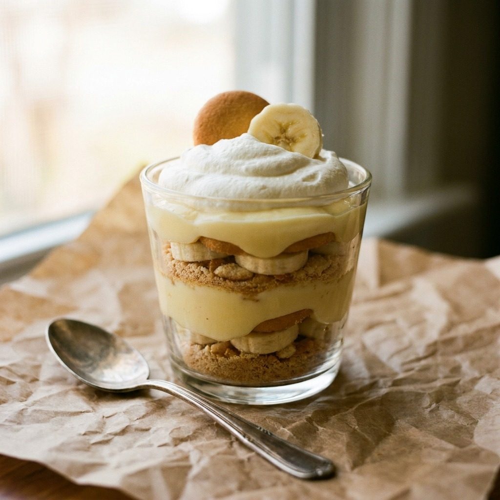 Cup of banana pudding layered with wafers and sliced banana