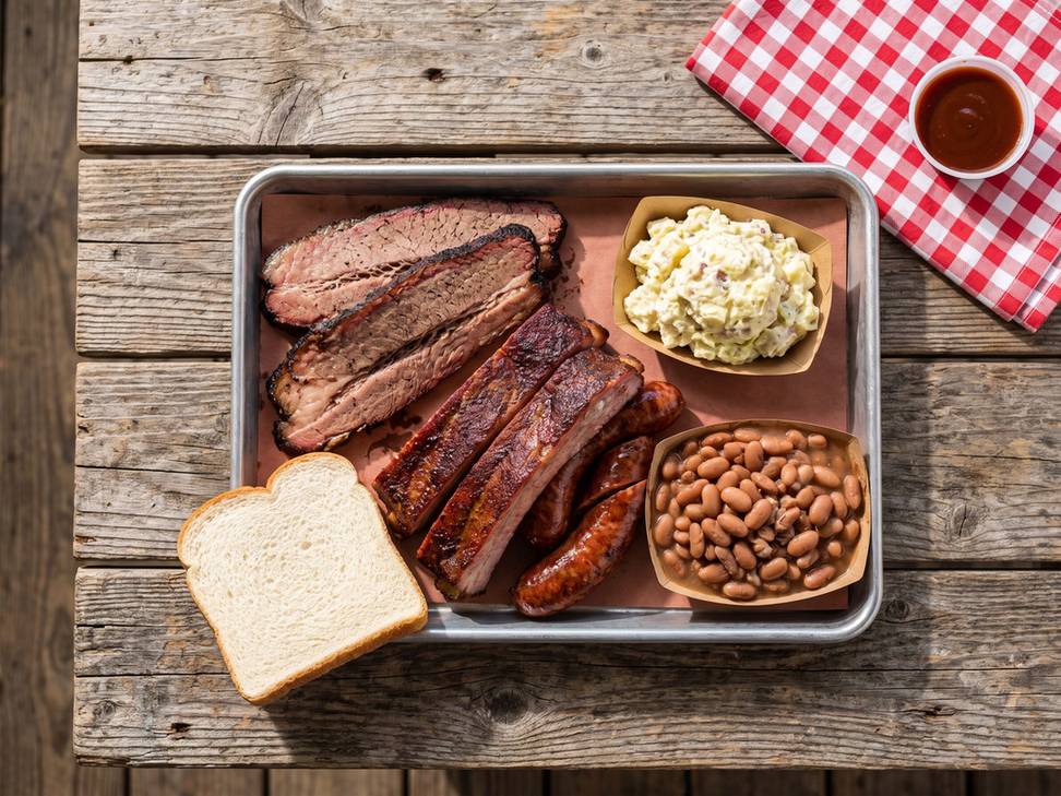 Barbecue plate with brisket, sausage, beans, slaw and white bread on a metal tray