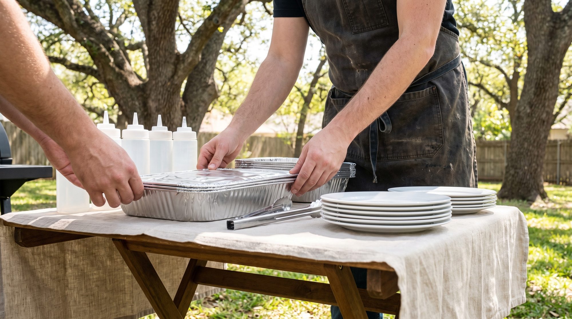 Hands arranging catering trays, plates and sauces on a serving table