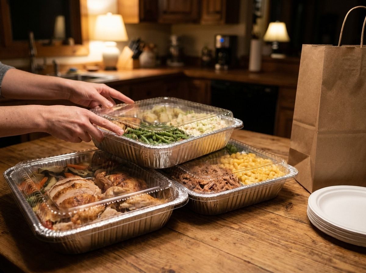 Stacked foil trays and a kraft bag packed for a family pack to go