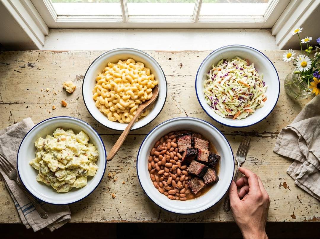 Bowls of house-made mac and cheese, coleslaw, potato salad and brisket beans