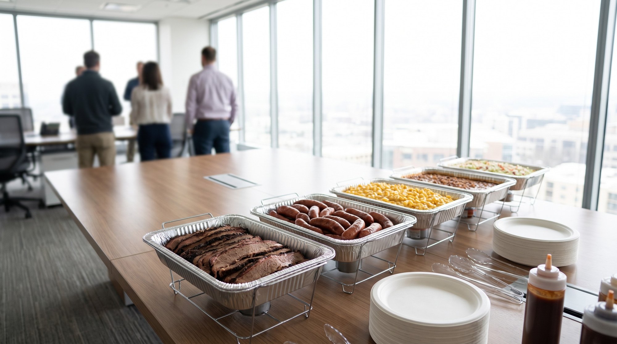 Barbecue buffet trays arranged on a conference room table for an office lunch