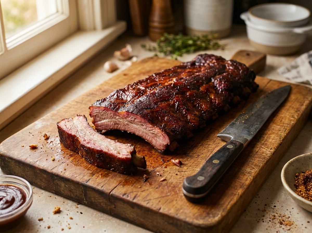 Rack of smoked pork ribs on a cutting board with a knife