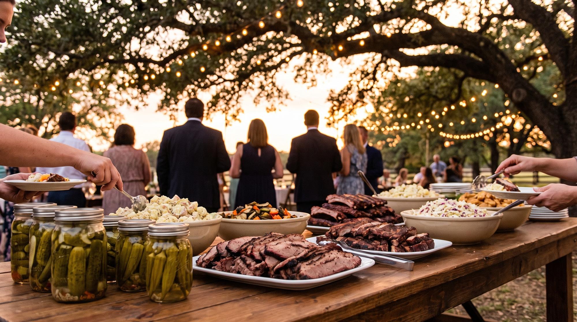 Outdoor wedding buffet of barbecue on a wooden table with string lights
