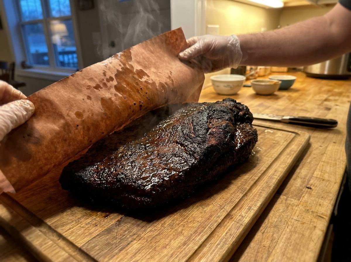 Whole smoked brisket partially unwrapped from butcher paper